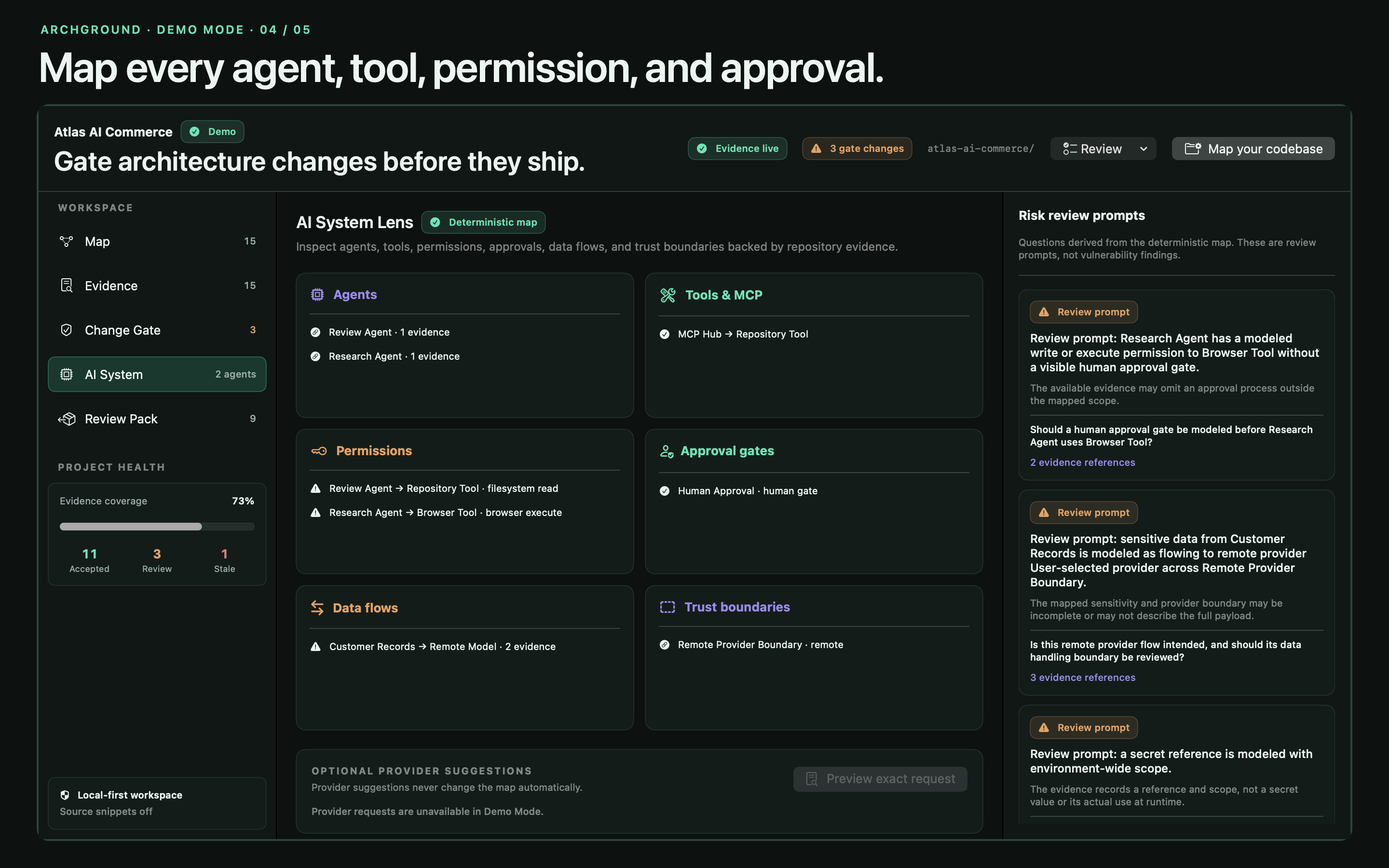 ArchGround product view: Map every agent, tool, permission, and approval.